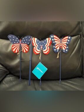 Americana Metal Butterflies Yard Stake, Set of 3 - Patriotic Yard Stakes